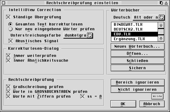 Der Einstellungs-Dialog für die Rechtschreibung, jetzt mit Vorauswahl-Popup