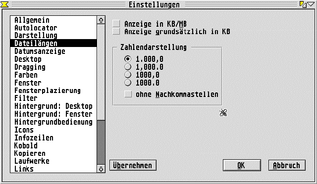 Einstellung der Dateilängenanzeige